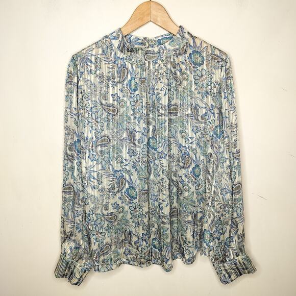 Ophelia Roe Top Floral Paisley Metallic Boho Balloon Sleeve - Picture 1 of 11